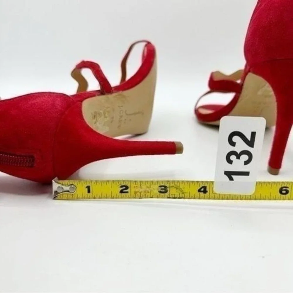 J Crew Red Suede Three-strap Scalloped Stiletto‎ Heeled Sandals Sz 9.5M